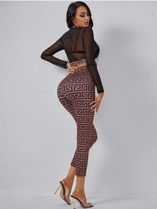 Replica Greek Fret Print Mesh Crop Top & Leggings